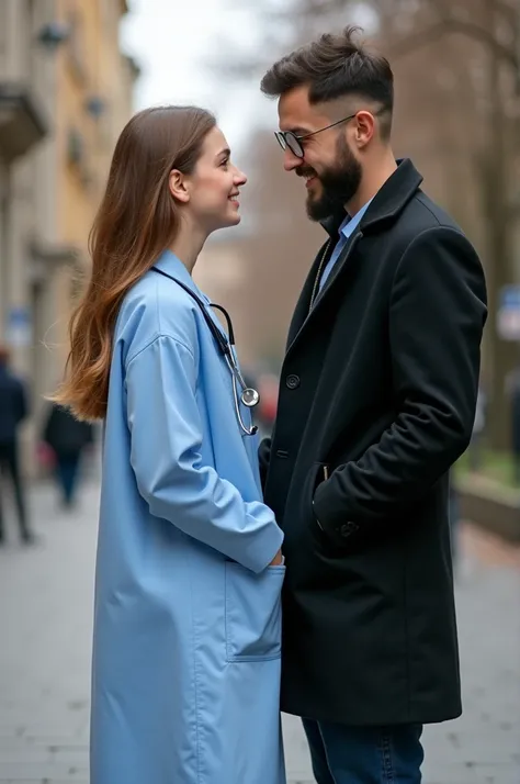 A girl wearing a doctor dress is with a boy who is an engineer wearing a black coat and they are just like talking and loving.
Basically the girl is one year senior than the boy 