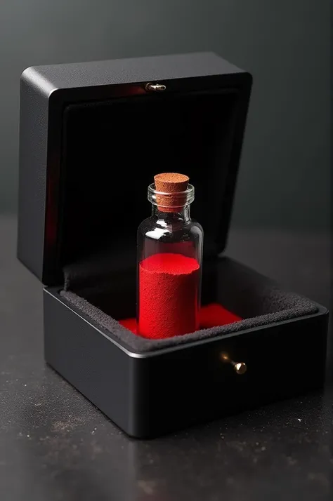 vial, red dust in vial, vial in black plastic box 