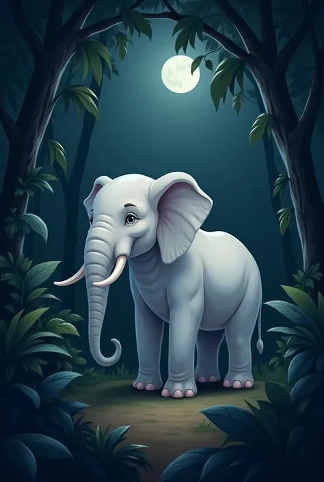 Follow in dark night jungle with cute white elephant back  side frame 
