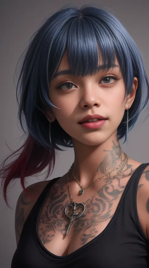 1 close up portrait of 22-year-old woman with tattoos all over her face ((african american)), ((short, straight blue hair with b...