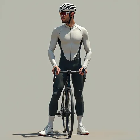 1 male,cyclist,Bodysuits,standing rough,Black long tights,Long sleeve,White Binding Shoes,White Cycling Helmet,White long socks,Cycling Sunglasses