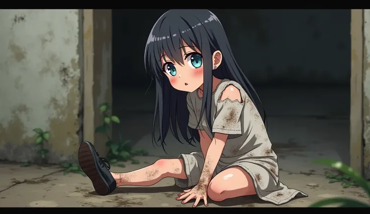 lolicon, showing pussy,  no breasts  tiny waist, medium butt, wearing dirty clothes 
 torn dress showing left nipple wearing no panties, black hair, long hair, straight hair, dirty hair, light blue eyes, wearing one black shoe ear piercings, earrings, eyeb...