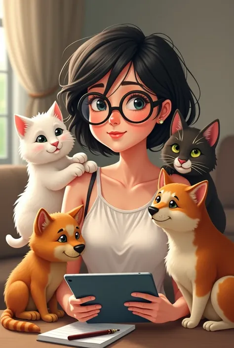 a girl, chubby, with short dark hair. with white skin and who wears glasses and works as a graphic designer and has three cats and a dog nearby, the three cats are, one white, another orange and another brindle and a caramel dog 