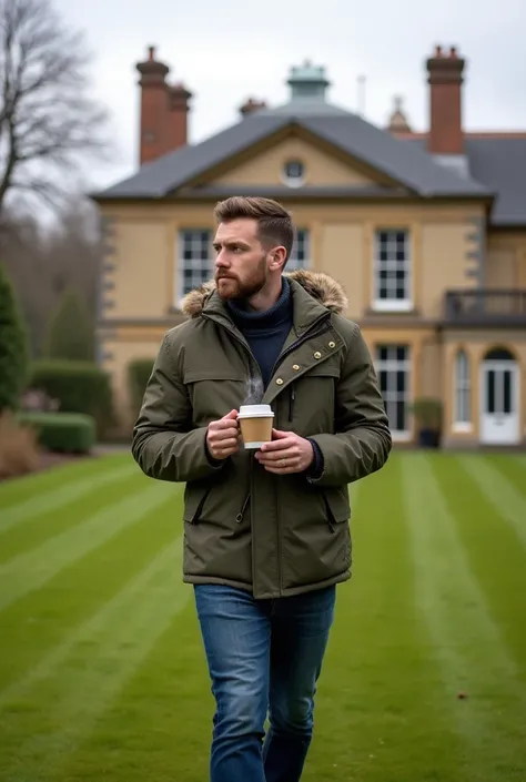 A handsome man wearing a winter jacket having coffee in hand walking in lawn of a big house and images should from head to toe image