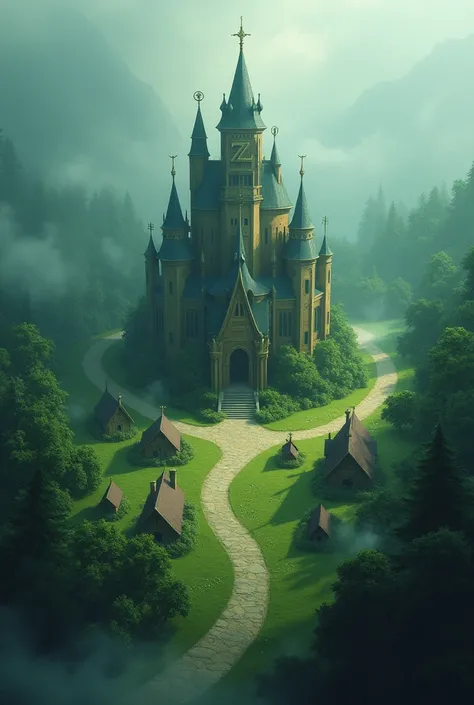 A vast forest shrouded in mist, with tiny houses scattered throughout, all converging in a circular path towards a grand palace at the center.  Above the palace, which sits in the middle, is a large Z inscribed on its roof.  All the small houses lead up to...