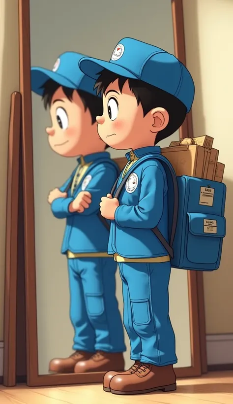 Nobita wears a shipper uniform: Nobita stands in front of the mirror, wears a blue shipper uniform, wears a backpack filled with packages, 