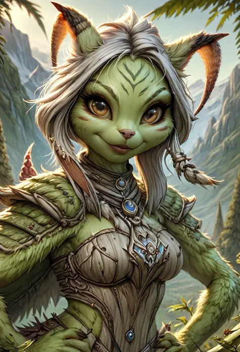 anthropomorphic female grinch grasshopper mage. official art – charecter profile. an award-winning digital masterpiece in 4k ult...