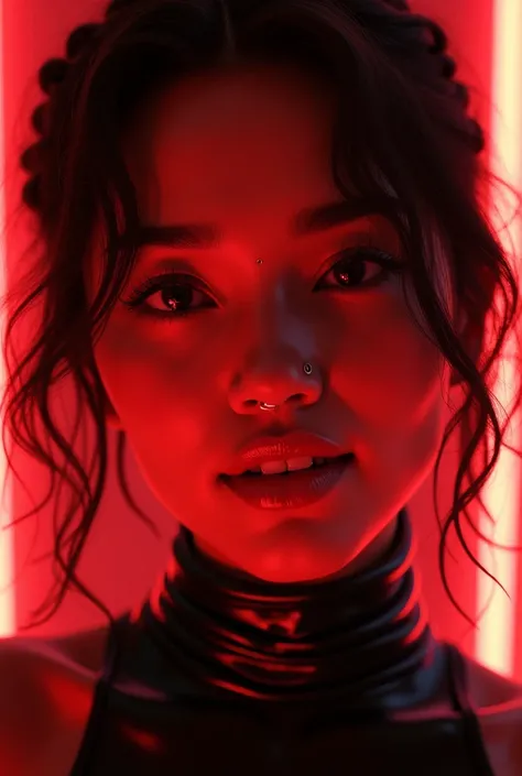 asian woman, young, naked, short curly braids, septum piercing, dimples, thick collar around neck, naughty expression, black latex, red neon lights, devious smile close-up, UHD, retina, masterpiece, accurate, anatomically correct, textured skin, super deta...