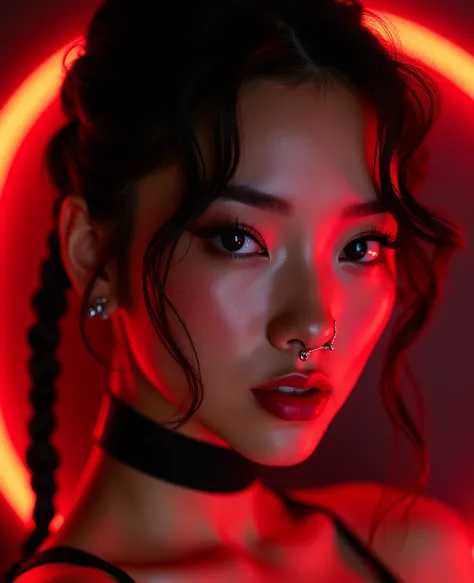 asian woman, young, naked, short curly braids, septum piercing, dimples, thick collar around neck, naughty expression, black latex, red neon lights, devious smile close-up, UHD, retina, masterpiece, accurate, anatomically correct, textured skin, super deta...