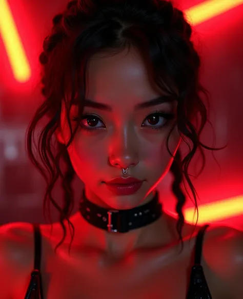 asian woman, young, naked, short curly braids, septum piercing, dimples, thick collar around neck, naughty expression, black latex, red neon lights, dominating smile, close-up, UHD, retina, masterpiece, accurate, anatomically correct, textured skin, super ...