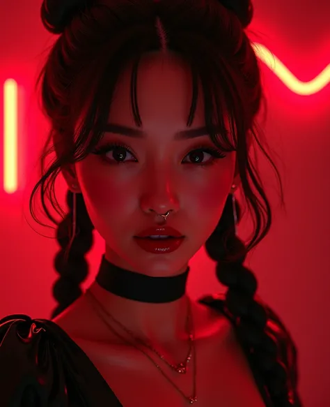 asian woman, young, naked, short curly braids, septum piercing, dimples, thick collar around neck, naughty expression, black latex, red neon lights, dominating smile, close-up, UHD, retina, masterpiece, accurate, anatomically correct, textured skin, super ...