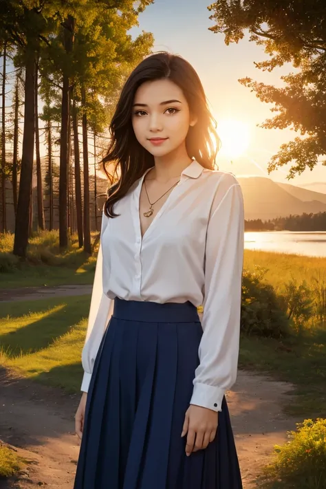 1 girl, happy expression, charming eyes, straight long hair, flowing skirt, big, looking at the sun, calm posture, porcelain-like skin, subtle blush, crystal pendant BREAK Golden Hour, (edge lighting): 1.2, cool colors, sun flare, soft shadows, bright colo...