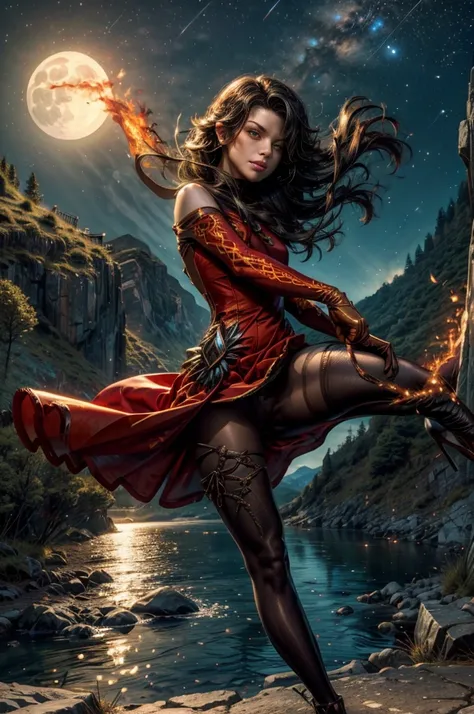 (masterpiece, best quality:1.2), cowboy shot, solo, 1girl, cinder fall, looking at viewer, long hair, red dress, elbow gloves, pantyhose, dynamic pose, holding flames, near village, on hillside, mountains in distance, waterfall, crowd, night, stars, moon (...