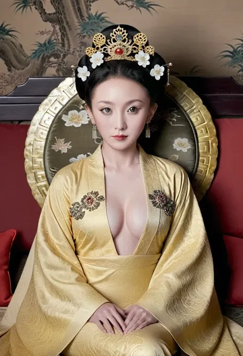 From the pre-Qing period, The Empress is naked on the gold sofa in the palace, Her eyes are wide open, Her legs were spread, big naked breasts. At the Chinese court during the Qing Dynasty, Empress of the Qing Dynasty, Empress of China, Wearing a large cro...