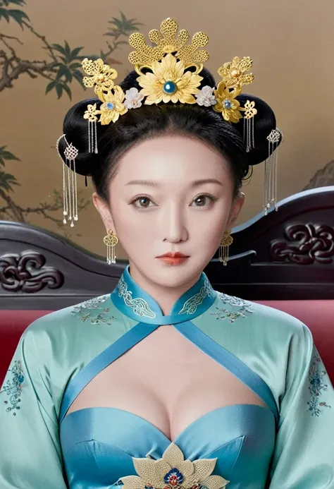 From the pre-Qing period, The Empress is naked on the gold sofa in the palace, Her eyes are wide open, Her legs were spread, big naked breasts. At the Chinese court during the Qing Dynasty, Empress of the Qing Dynasty, Empress of China, Wearing a large cro...