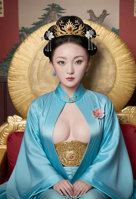 From the pre-Qing period, The Empress is naked on the gold sofa in the palace, Her eyes are wide open, Her legs were spread, big naked breasts. At the Chinese court during the Qing Dynasty, Empress of the Qing Dynasty, Empress of China, Wearing a large cro...