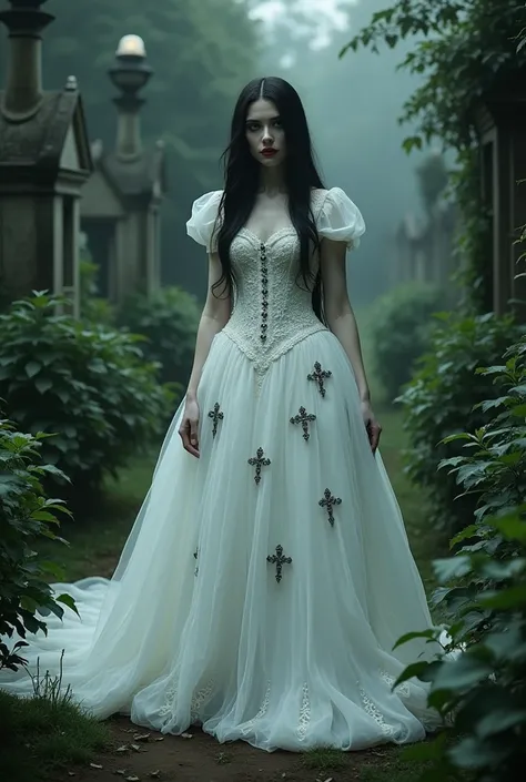 Imagine a pale-skinned vampire with black hair and dark eyes, wearing a white wedding dress accessorized with silver or black Victorian-style crucifixes, similar to the detailed veil of death, in a cemetery with many plants under excellent lighting.