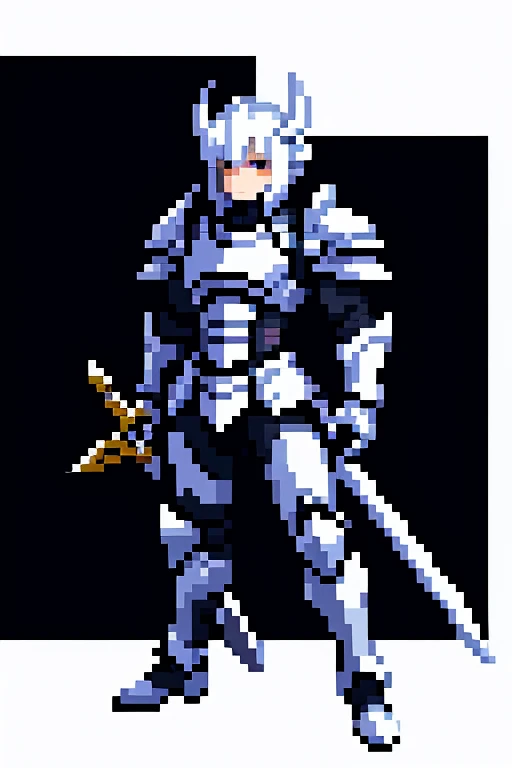 draconian, with white scales, paladin, without helmet, facing the front, looking straight ahead, with a sword in the back, wearing black armor