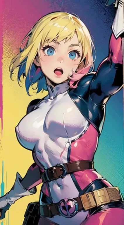 gwenpool, 1girl, weapon, blonde hair, multicolored hair, solo, blue eyes, sword, pouch, superhero, short hair, gradient hair, open mouth, belt, two-tone hair, pink hair, breasts, gloves, belt pouch