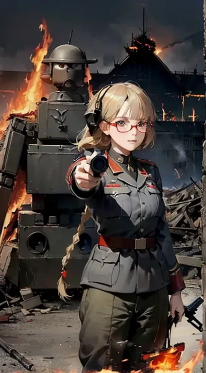 (Female soldier with well-trained body)、(((Fire machine guns to destroy enemy robots:1.4)))、1 Female 1 Robot、(Black combat uniform)、(platinum-blonde-hair:1.2)、shout out、Have multiple weapons、Running through the rubble、((超A high resolution))、Detail Write、​m...