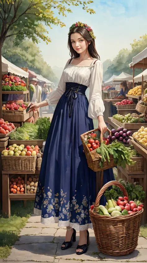 a whimsical watercolor depiction of a medieval maiden clad in intricately patterned swedish attire, amidst a vibrant farmer's ma...