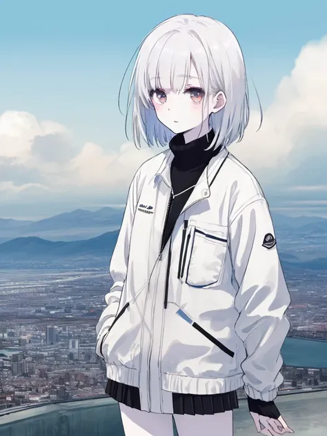 white jacket,medium hair, pale hair,pale eyes,empty city, a town above the clouds, sky city