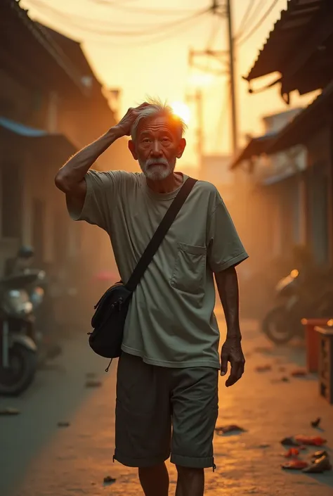 ( photo realism 1.2) photo realistic high detailed old Chinese male walking at old Malay town background shoulder bag white hair and goatee morning dusk sunlight effect smoke effect 80s photo filter  morning mode short trousers messy hair cinematic view dr...