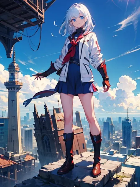 white jacket,medium hair, blue and white hair,blue eyes,mechanized hand++, unusually huge gauntlet++,　whole body、empty city, a t...