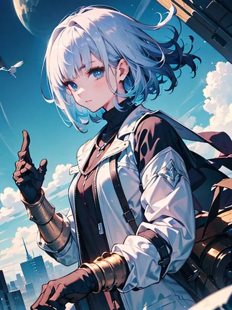 white jacket,medium hair, blue and white hair,blue eyes,mechanized hand++, unusually huge gauntlet++,　whole body、empty city, a t...