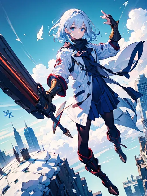 white jacket,medium hair, blue and white hair,blue eyes,mechanized hand++, unusually huge gauntlet++,　whole body、snowflakes flut...