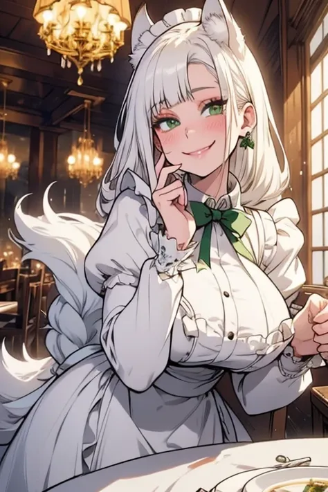 Perfect face. Perfect hands. A young white haired woman with green eyes with white wolf ears and a fluffy white wolf tail in a Lolita maid outfit is setting the table in a fancy made cafe with a big smile