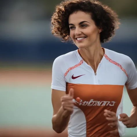 Close up photo of an athletic brunette woman, very short  curly hair, light and cheerful round face, brown eyes, thin lips and thin nose.