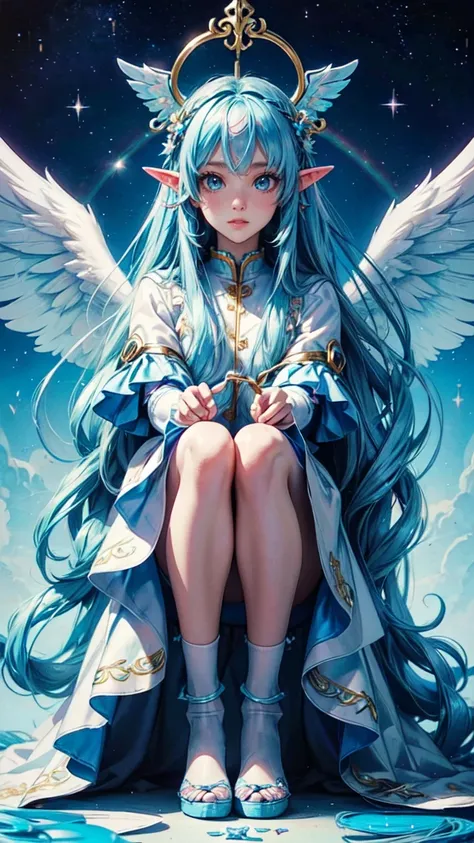 Rainbow Angel Wings、Kawaii Girl、Light blue long hair、Twin-tailed、Colorful angel costume、((top-quality))、((​masterpiece))、(ighly detailed、highestdetailed、Official art、Beautifully Aesthetic:1.2),detailed eyes, detaield hands, detailed face, elf woman, full b...