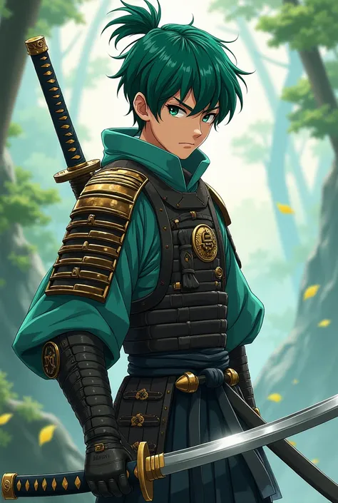 Anime samurai teenager boy with green hair