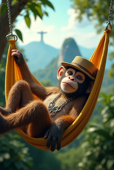 A monkey with a Juliett and silver chain, lying in a hammock in a tree in the middle of the rainforest, with a view of the Sugarloaf Mountain and Christ the Redeemer in the background.