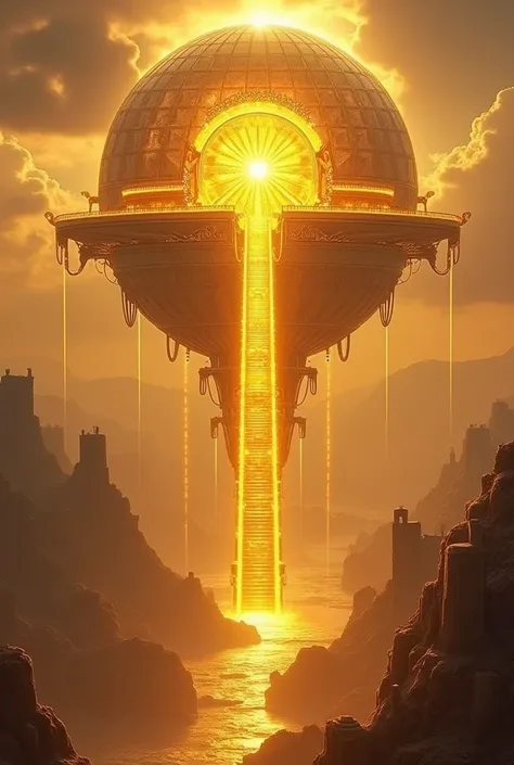 A spherical floating sun temple , made of gold and glass of elegant style. It is floating in the sky and is connected to the land by a gigantic staircase made of sun rays. The building is magical and mystical. It has its city surrounding it, simmilar to th...