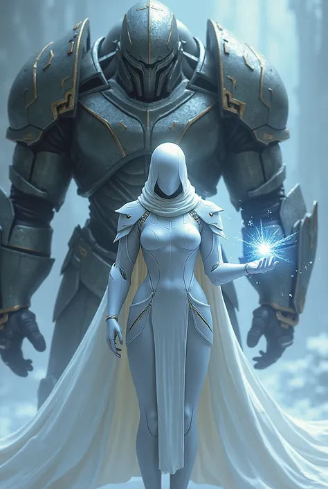  A female warrior in white armor and a closed white helmet producing an ice ball against an enemy in armor larger than her.