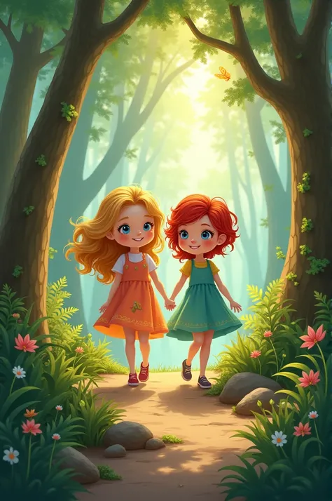 A blonde haired girl that’s 11 years old with her girlfriend in the forest that has red hair blue eyes