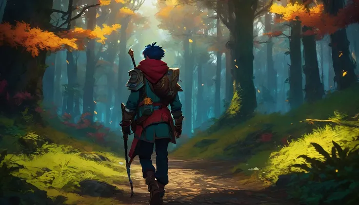  a human boy walking in a dense forest, NIGHT, high fantasy RPG style, League of Legends-inspired art style, dynamic poses, detailed facial features, cinematic lighting, vibrant colors, dramatic atmosphere, gritty realism, masterpiece, best quality, ultra-...