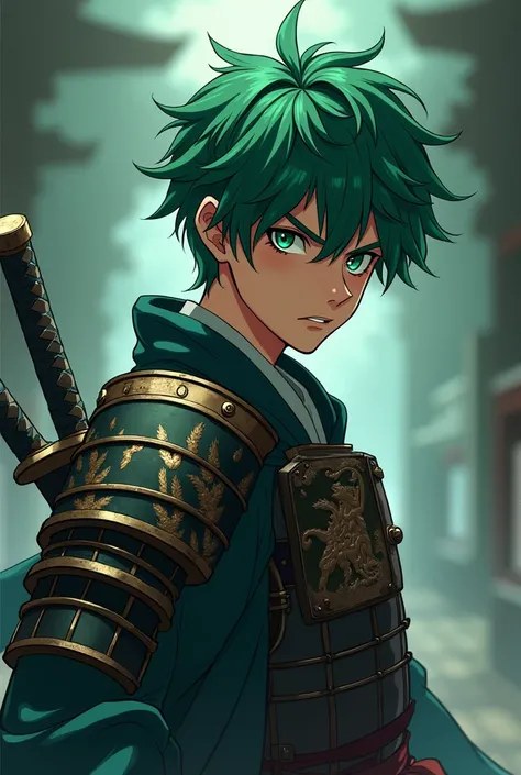 Anime samurai teenager boy with green hair