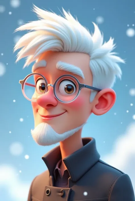 Pixar-style: White Boy, with a mustache and goatee, really short hair, transparent glasses and snowy hair