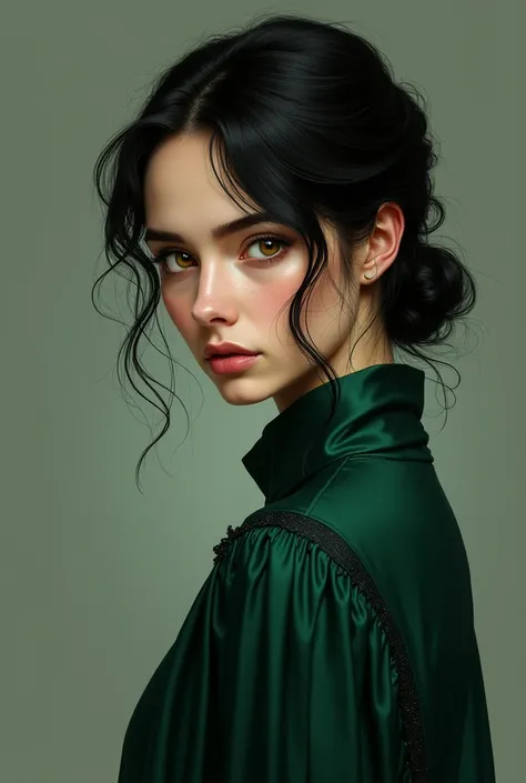 A girl version of Remus Lupin with black hair. She has amber eyes. and half up half down hairdo. she also has a bottle green gown on.