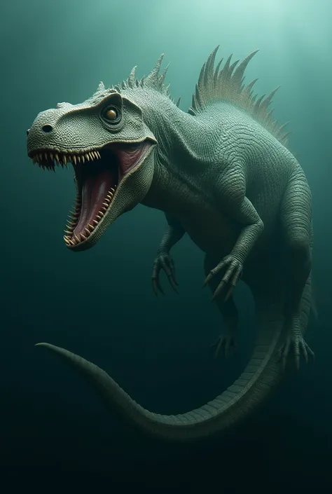 Fictional dinosaur that is physically horrifying, aquatic dinosaur with fins that never existed in the prehistoric era