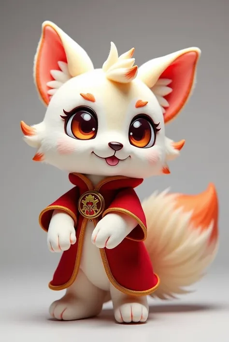 Create a detailed and realistic image of a plush toy designed to look like Ahri from League of Legends. The plush should be about 40 cm tall with a soft, rounded appearance. Ahri should have her iconic nine tails, each tail approximately 15 cm long, arrang...