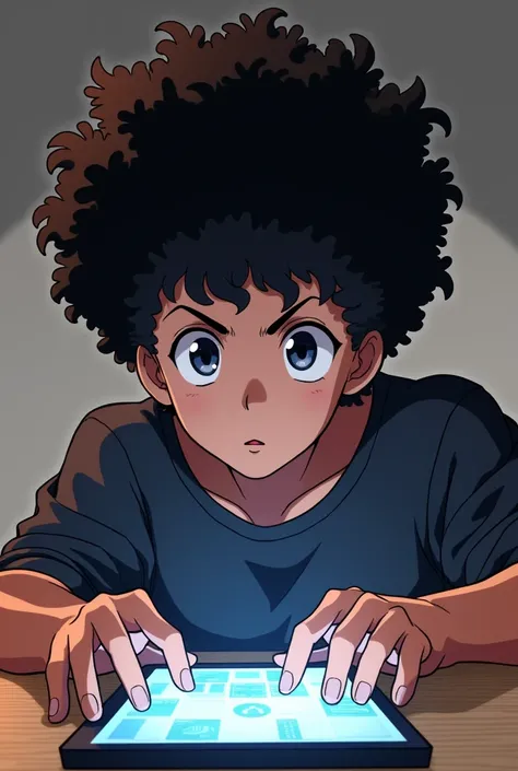 One male hair Afro anime character hands on the table looking at screen 