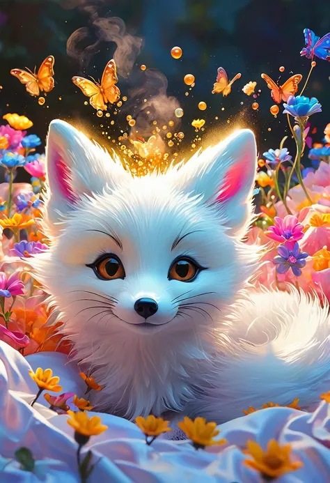 Splash Art,  Luminism, fantasy acrylic, Digital Painting , Close up of a small cute magical chibi fantasy white fox in bed,  Flowers,  butterfly, spark, magic  creature made of colors, Large reflective eyes, Colorful paint splash style, Paint drips, color ...