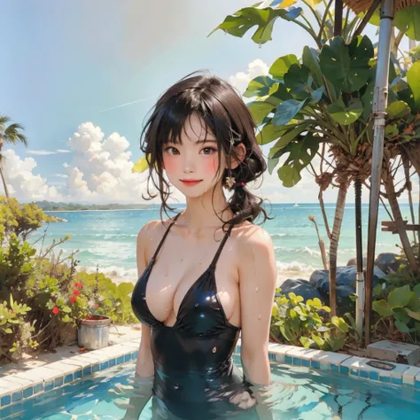 ((highest quality, masterpiece, High resolution)), ((reality)),Photos of beautiful Japanese women,((anime art))、 (((1 girl))), normal size breasts, slim body shape, long ponytail,double eyelid, Wet see-through micro bikini, A pareo with bold ethnic pattern...