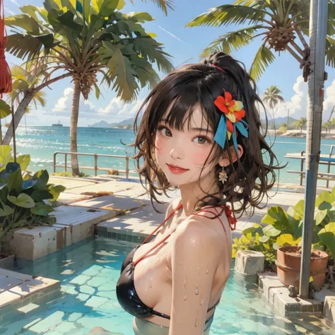 ((highest quality, masterpiece, High resolution)), ((reality)),Photos of beautiful Japanese women,((anime art))、 (((1 girl))), normal size breasts, slim body shape, long ponytail,double eyelid, Wet see-through micro bikini, A pareo with bold ethnic pattern...