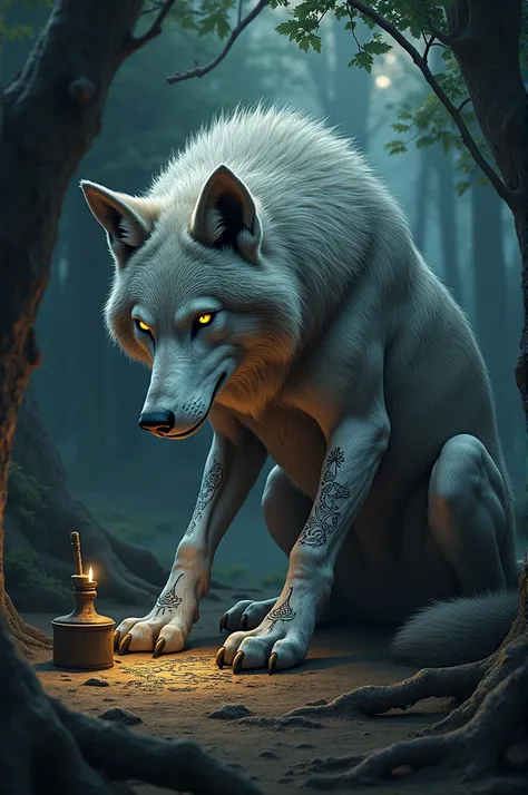 A wolf tattooing itself 