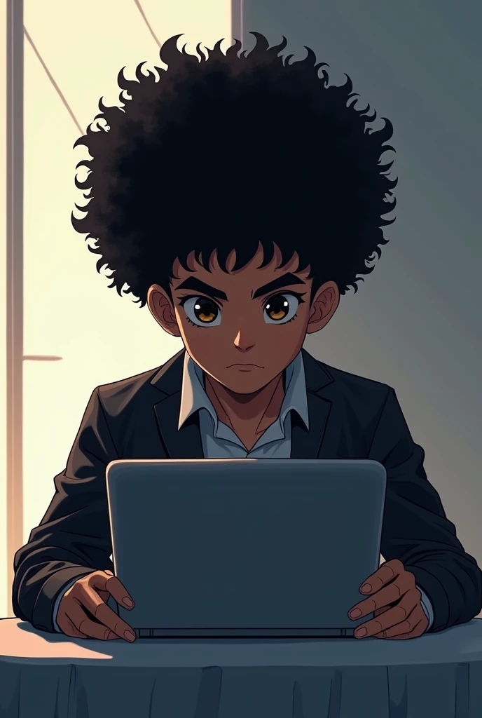 One male hair Afro anime character hands on the table empty looking at screen 